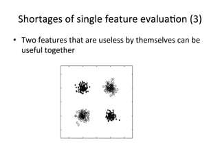 Shortages	
  of	
  single	
  feature	
  evalua7on	
  (3)	
  
•  Two	
  features	
  that	
  are	
  useless	
  by	
  themselves	
  can	
  be	
  
useful	
  together	
  

 