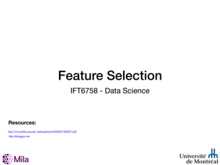 Feature Selection
IFT6758 - Data Science
http://www.public.asu.edu/~jundongl/tutorial/KDD17/KDD17.pdf
Resources:
http://dongguo.me
 