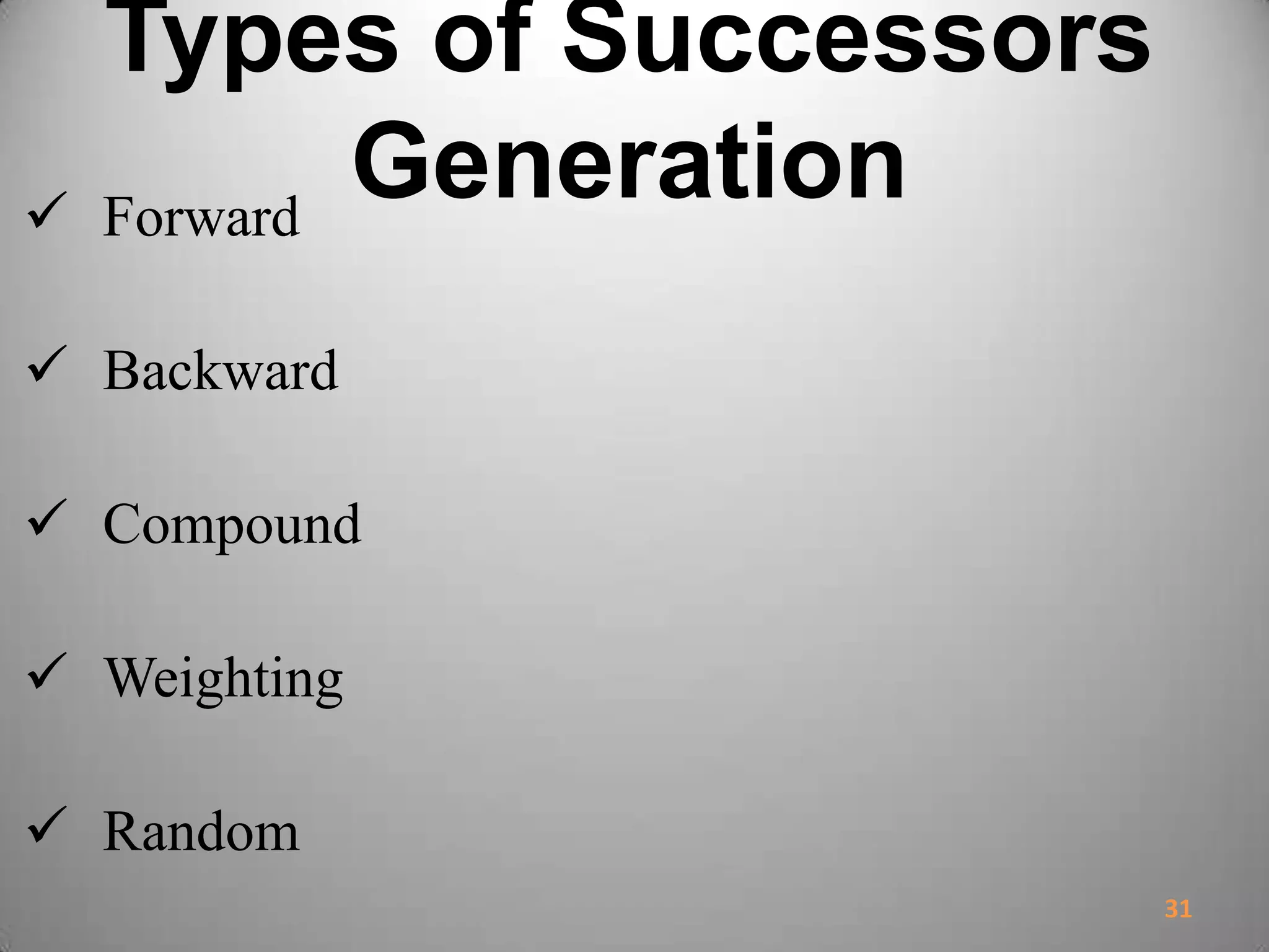 Types of Successors
Generation Forward
 Backward
 Compound
 Weighting
 Random
31
 