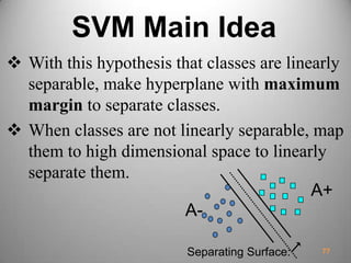SVM Main Idea
 With this hypothesis that classes are linearly
separable, make hyperplane with maximum
margin to separate classes.
 When classes are not linearly separable, map
them to high dimensional space to linearly
separate them.
77Separating Surface:
A+
A-
 