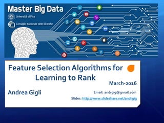 Feature Selection Algorithms for
Learning to Rank
Andrea Gigli Email
Slides: http://www.slideshare.net/andrgig
March-2016
 