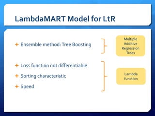 Multiple
Additive
Regression
Trees
LambdaMART Model for LtR
Lambda
function
 Ensemble method:Tree Boosting
 Loss function not differentiable
 Sorting characteristic
 Speed
 