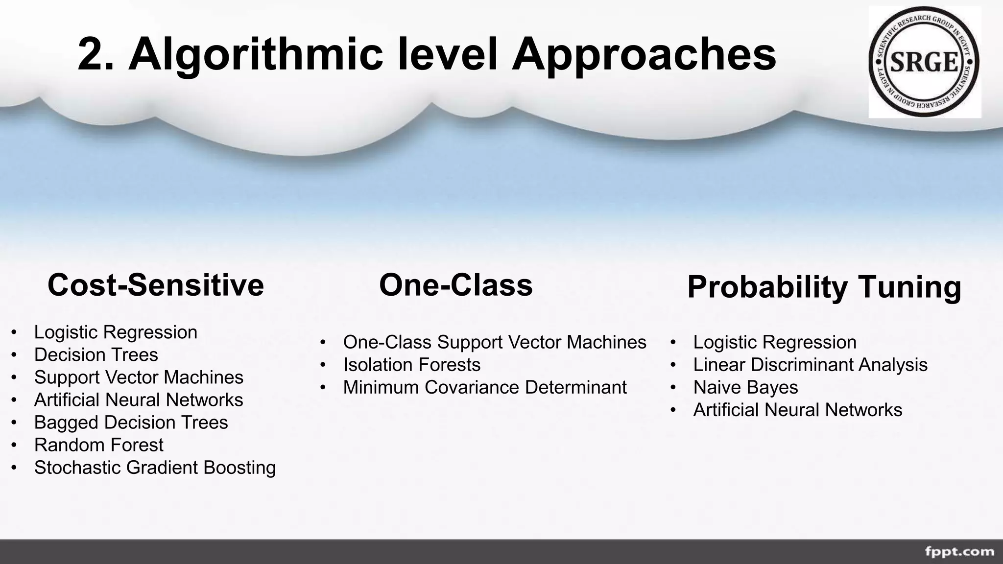 2. Algorithmic level Approaches
• Logistic Regression
• Decision Trees
• Support Vector Machines
• Artificial Neural Networks
• Bagged Decision Trees
• Random Forest
• Stochastic Gradient Boosting
Cost-Sensitive One-Class Probability Tuning
• One-Class Support Vector Machines
• Isolation Forests
• Minimum Covariance Determinant
• Logistic Regression
• Linear Discriminant Analysis
• Naive Bayes
• Artificial Neural Networks
 