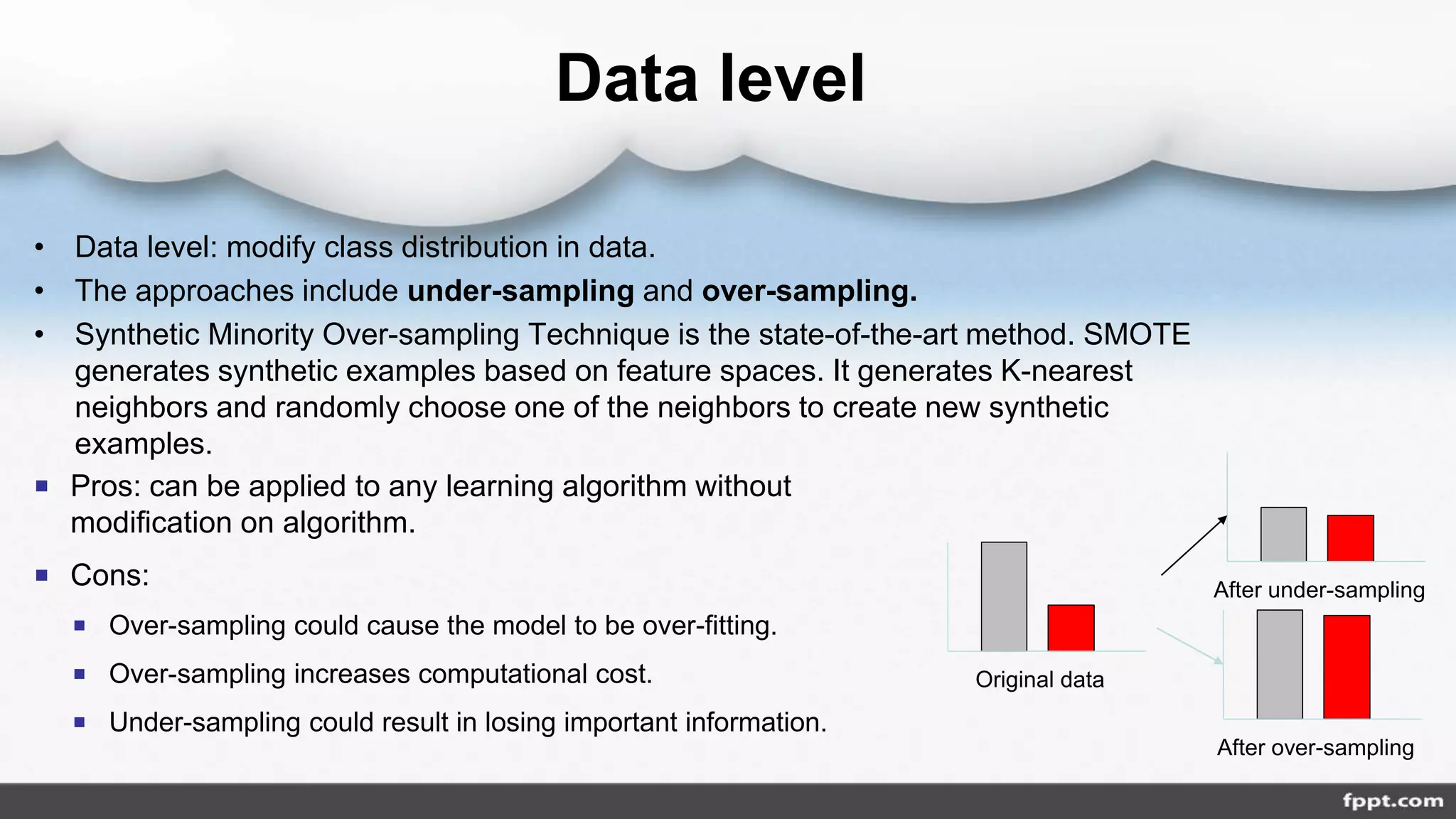 Data level
• Data level: modify class distribution in data.
• The approaches include under-sampling and over-sampling.
• Synthetic Minority Over-sampling Technique is the state-of-the-art method. SMOTE
generates synthetic examples based on feature spaces. It generates K-nearest
neighbors and randomly choose one of the neighbors to create new synthetic
examples.
Original data
After under-sampling
After over-sampling
 Pros: can be applied to any learning algorithm without
modification on algorithm.
 Cons:
 Over-sampling could cause the model to be over-fitting.
 Over-sampling increases computational cost.
 Under-sampling could result in losing important information.
 