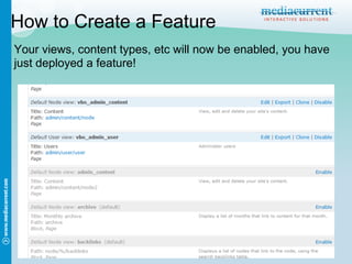How to Create a Feature
Your views, content types, etc will now be enabled, you have
just deployed a feature!
 