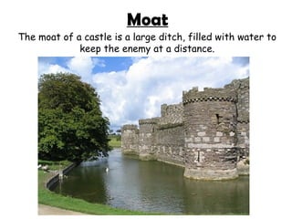 Moat
The moat of a castle is a large ditch, filled with water to
             keep the enemy at a distance.
 