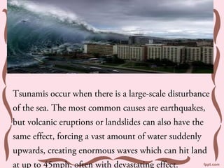 Tsunamis occur when there is a large-scale disturbance
of the sea. The most common causes are earthquakes,
but volcanic eruptions or landslides can also have the
same effect, forcing a vast amount of water suddenly
upwards, creating enormous waves which can hit land
at up to 45mph, often with devastating effect.
 