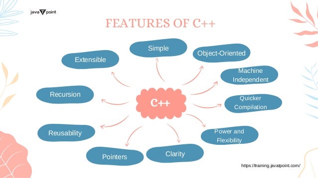 C++
FEATURES OF C++
Simple
Object-Oriented
Reusability
Recursion
Simple
Extensible
Pointers Clarity
Pointers
Machine

Independent
Power and

Flexibility
Quicker

Compilation
https://training.javatpoint.com/
 