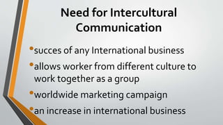 Need for Intercultural
Communication
•succes of any International business
•allows worker from different culture to
work together as a group
•worldwide marketing campaign
•an increase in international business
 