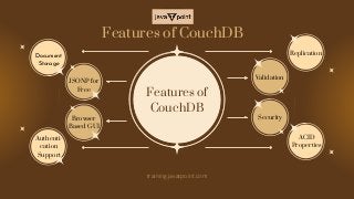 Validation
Features of
CouchDB
Features of CouchDB
ACID
Properties
Authenti-
cation
Support
Security
Replication
Browser
Based GUI
JSONP for
Free
Document
Storage
training.javatpoint.com
 