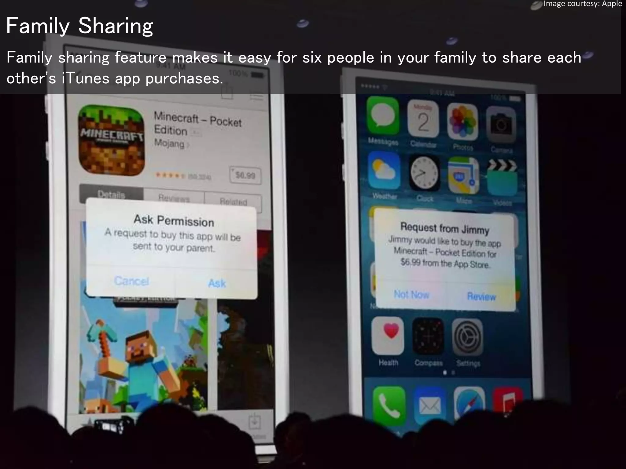 Image courtesy: Apple
Family sharing feature makes it easy for six people in your family to share each
other's iTunes app purchases.
Family Sharing
Image courtesy: Apple
 