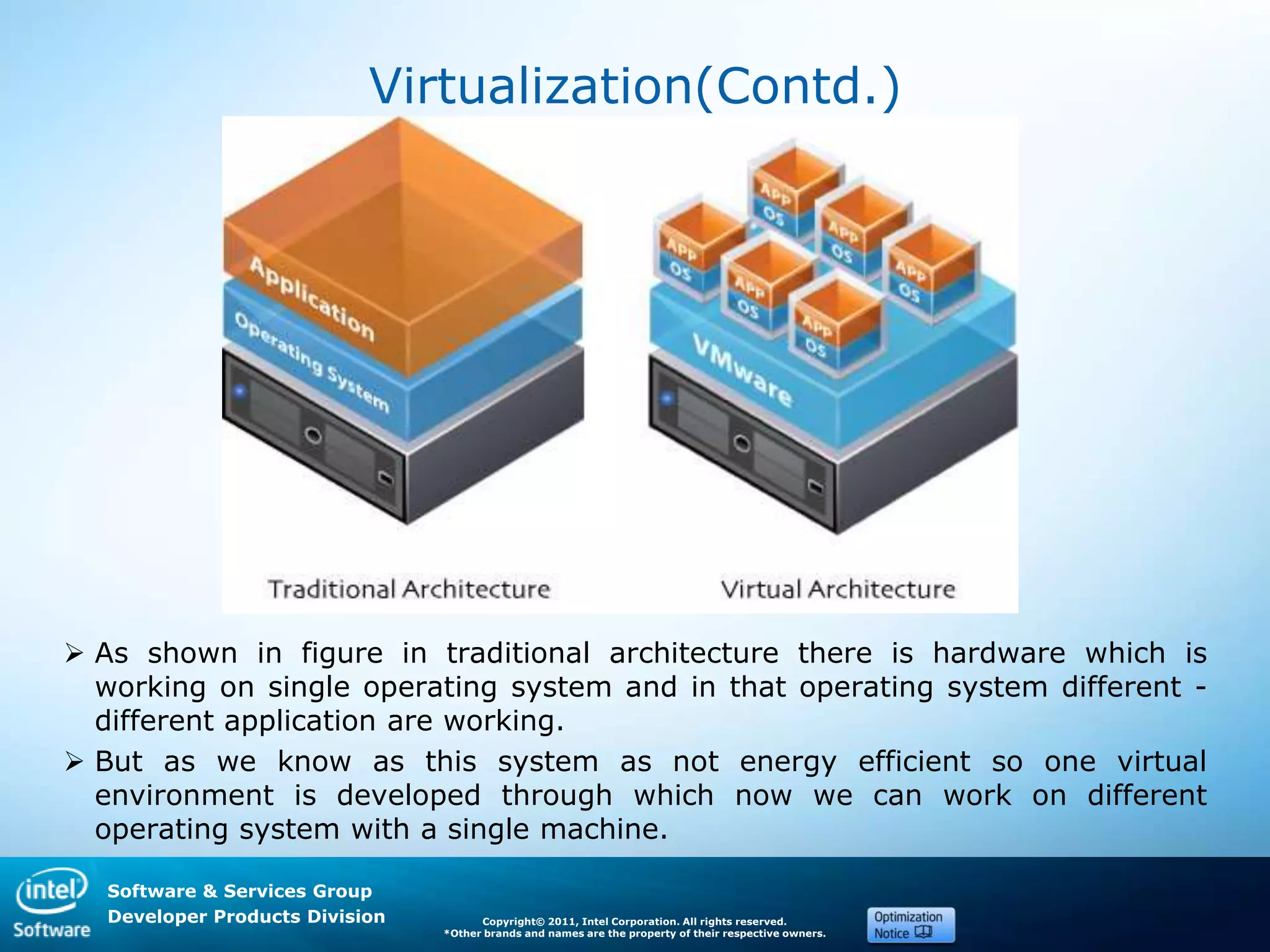 Software & Services Group
Developer Products Division Copyright© 2011, Intel Corporation. All rights reserved.
*Other brands and names are the property of their respective owners.
Virtualization(Contd.)
 As shown in figure in traditional architecture there is hardware which is
working on single operating system and in that operating system different -
different application are working.
 But as we know as this system as not energy efficient so one virtual
environment is developed through which now we can work on different
operating system with a single machine.
 