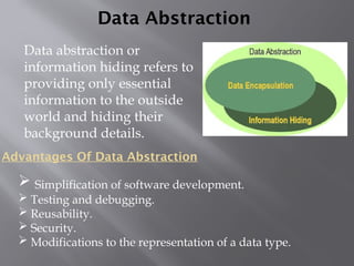 Data Abstraction
Data abstraction or
information hiding refers to
providing only essential
information to the outside
world and hiding their
background details.
Advantages Of Data Abstraction
 Simplification of software development.
 Testing and debugging.
 Reusability.
 Security.
 Modifications to the representation of a data type.
 