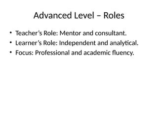 Advanced Level – Roles
• Teacher’s Role: Mentor and consultant.
• Learner’s Role: Independent and analytical.
• Focus: Professional and academic fluency.
 