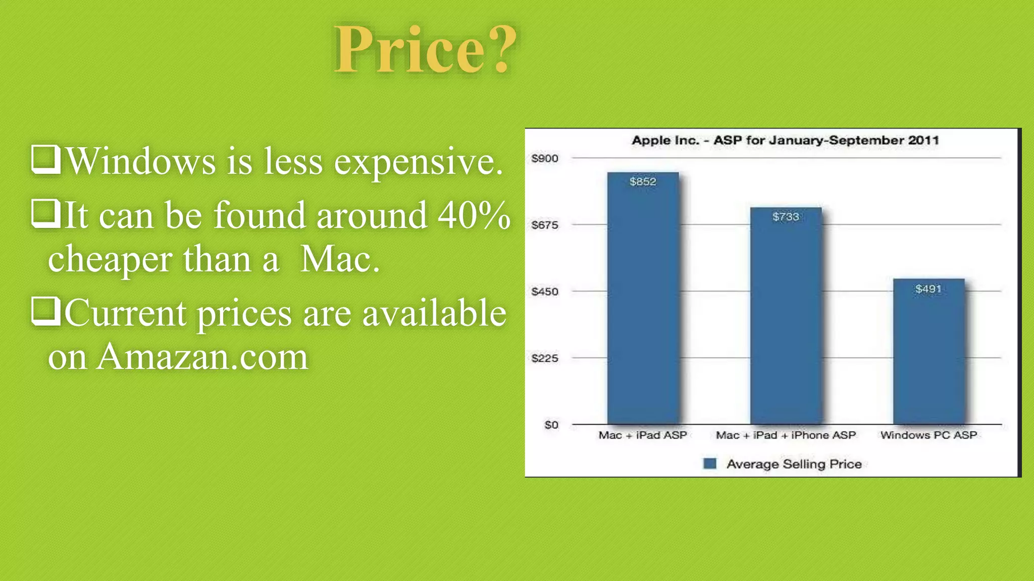 Price?
Windows is less expensive.
It can be found around 40%
cheaper than a Mac.
Current prices are available
on Amazan.com
 