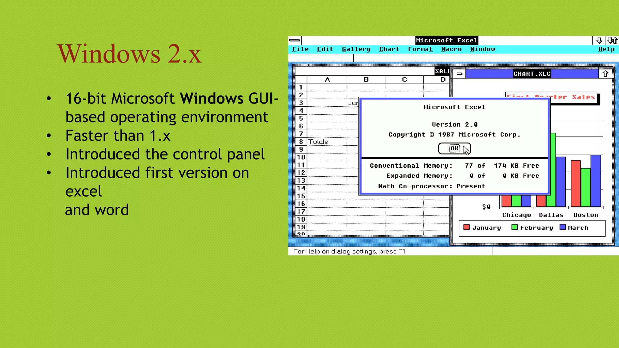 Windows 2.x
• 16-bit Microsoft Windows GUI-
based operating environment
• Faster than 1.x
• Introduced the control panel
• Introduced first version on
excel
and word
 