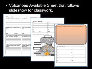 • Volcanoes Available Sheet that follows
slideshow for classwork.
 