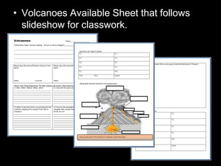 • Volcanoes Available Sheet that follows
slideshow for classwork.
 