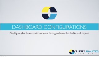 DASHBOARD CONFIGURATIONS
Conﬁgure dashboards without ever having to leave the dashboard report
Thursday, May 8, 14
 