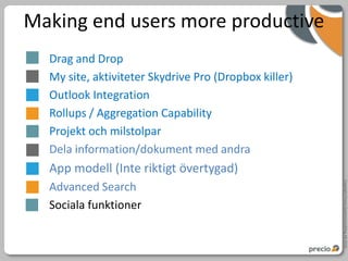 Making end users more productive
  Drag and Drop
  My site, aktiviteter Skydrive Pro (Dropbox killer)
  Outlook Integration
  Rollups / Aggregation Capability
  Projekt och milstolpar
  Dela information/dokument med andra
  App modell (Inte riktigt övertygad)




                                                       Copyright Precio Systemutveckling AB 2010
  Advanced Search
  Sociala funktioner
 