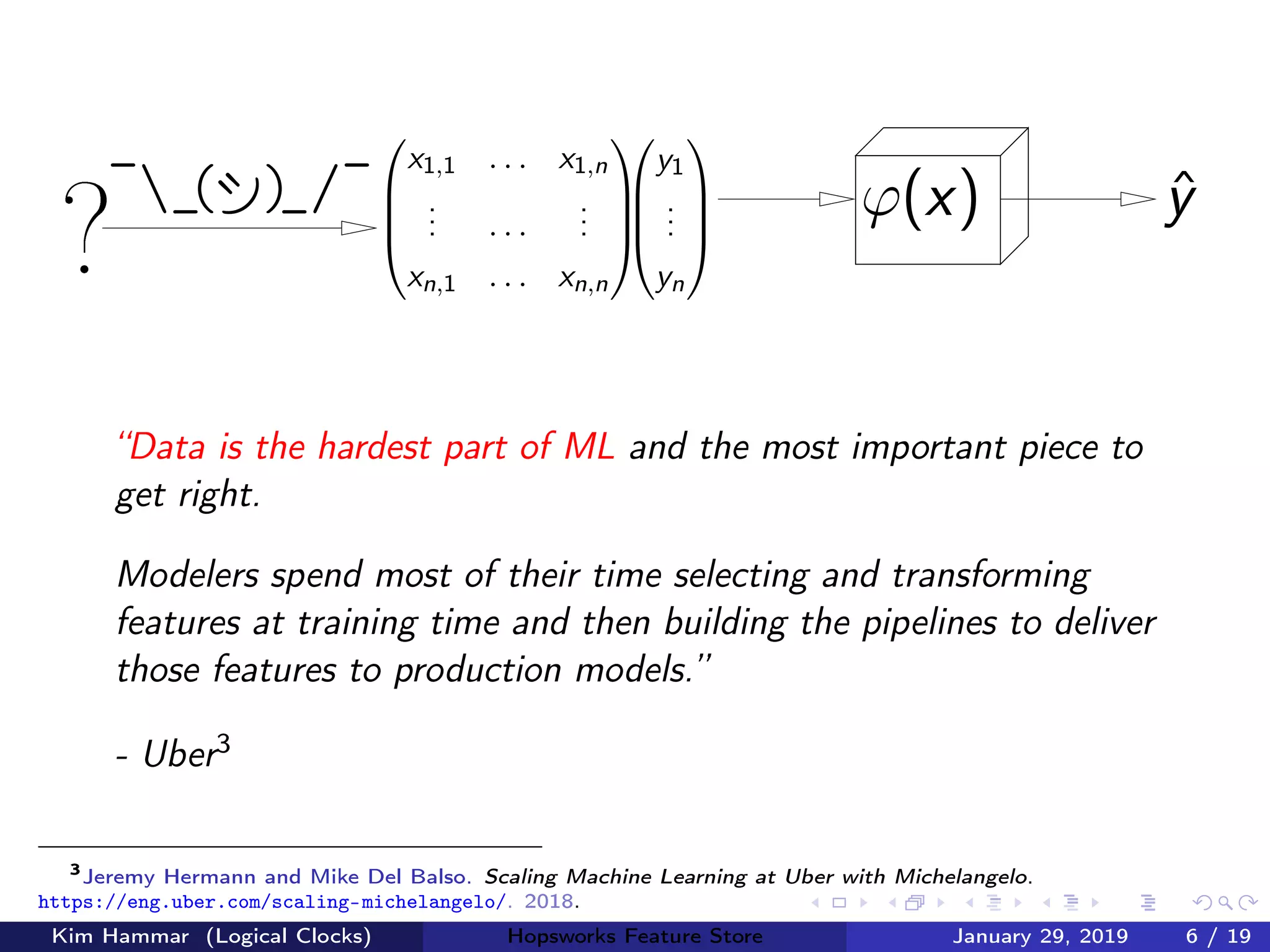 ϕ(x)




y1
...
yn








x1,1 . . . x1,n
... . . .
...
xn,1 . . . xn,n




ˆy
?
_
_("))_/
_
“Data is the hardest part of ML and the most important piece to
get right.
Modelers spend most of their time selecting and transforming
features at training time and then building the pipelines to deliver
those features to production models.”
- Uber3
3
Jeremy Hermann and Mike Del Balso. Scaling Machine Learning at Uber with Michelangelo.
https://eng.uber.com/scaling-michelangelo/. 2018.
Kim Hammar (Logical Clocks) Hopsworks Feature Store January 29, 2019 6 / 19
 