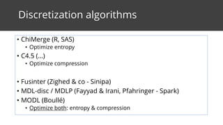 Discretization algorithms
• ChiMerge (R, SAS)
• Optimize entropy
• C4.5 (…)
• Optimize compression
• Fusinter (Zighed & co - Sinipa)
• MDL-disc / MDLP (Fayyad & Irani, Pfahringer - Spark)
• MODL (Boullé)
• Optimize both: entropy & compression
 
