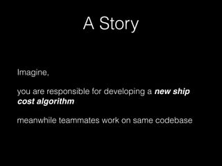 Imagine,
you are responsible for developing a new ship
cost algorithm
meanwhile teammates work on same codebase
A Story
 