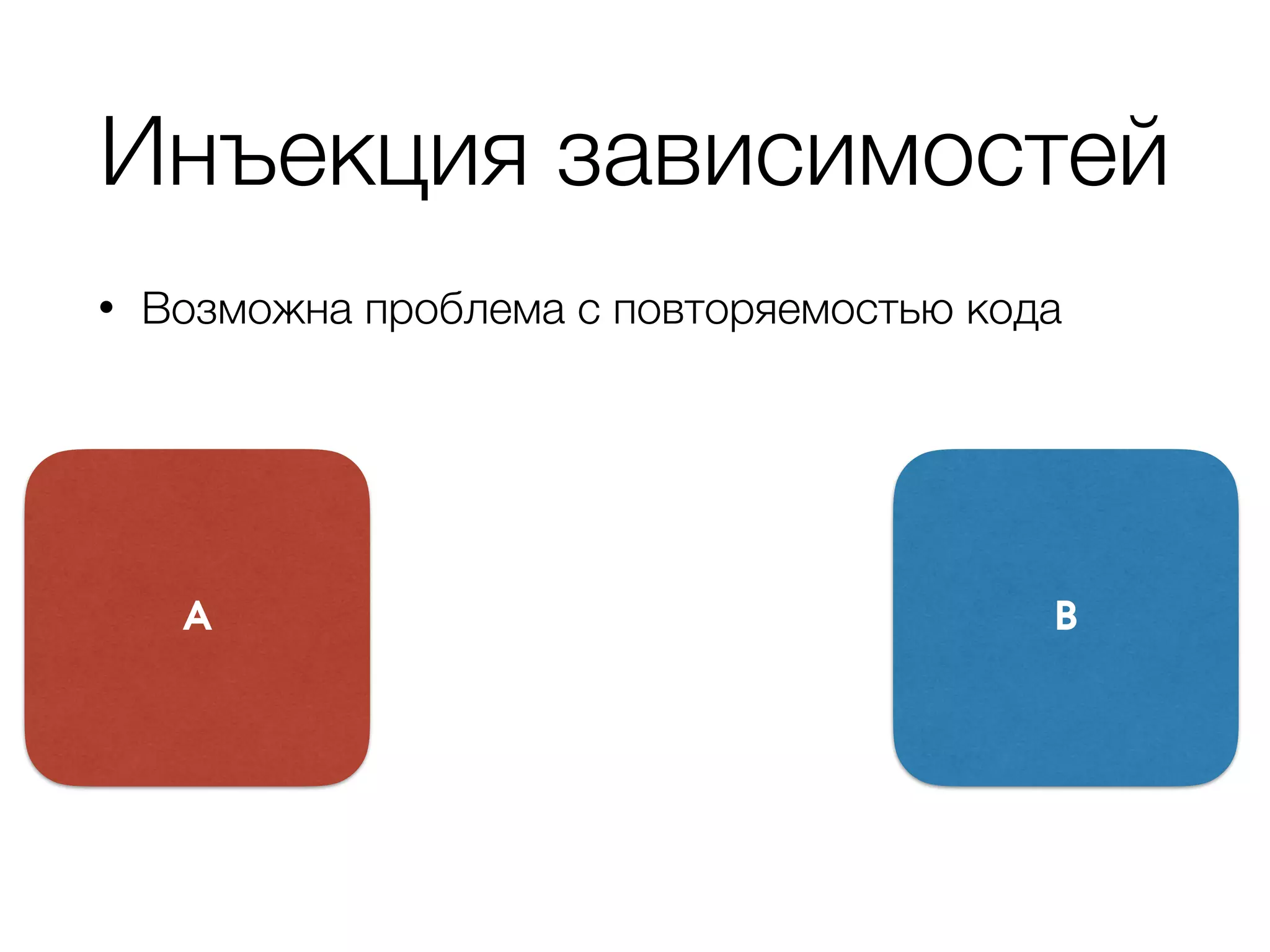 Инъекция зависимостей
• Возможна проблема с повторяемостью кода
A B
 