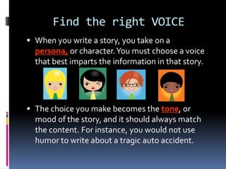 Write clear, concise sentences. Sprinkle direct quotations, observations and additional background throughout    the story. Paragraphs can be written chronologically or in order of     importance. Be creative, watch,  & listen...Read  & Research