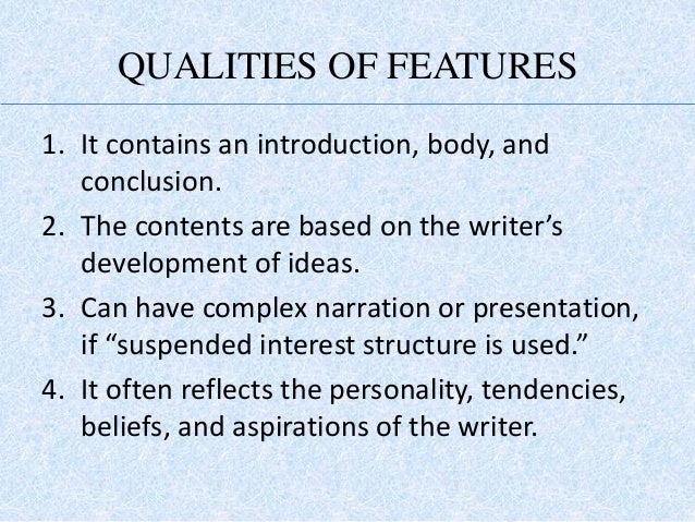 basic features of a profile essay Here given are basic tips on how to write a strong essay effortlessly to write such an assignment to describe the qualities and features of the given subject. basic features of a profile essay Here given are basic tips on how to write a strong essay effortlessly to write such an assignment to describe the qualities and features of the given subject.