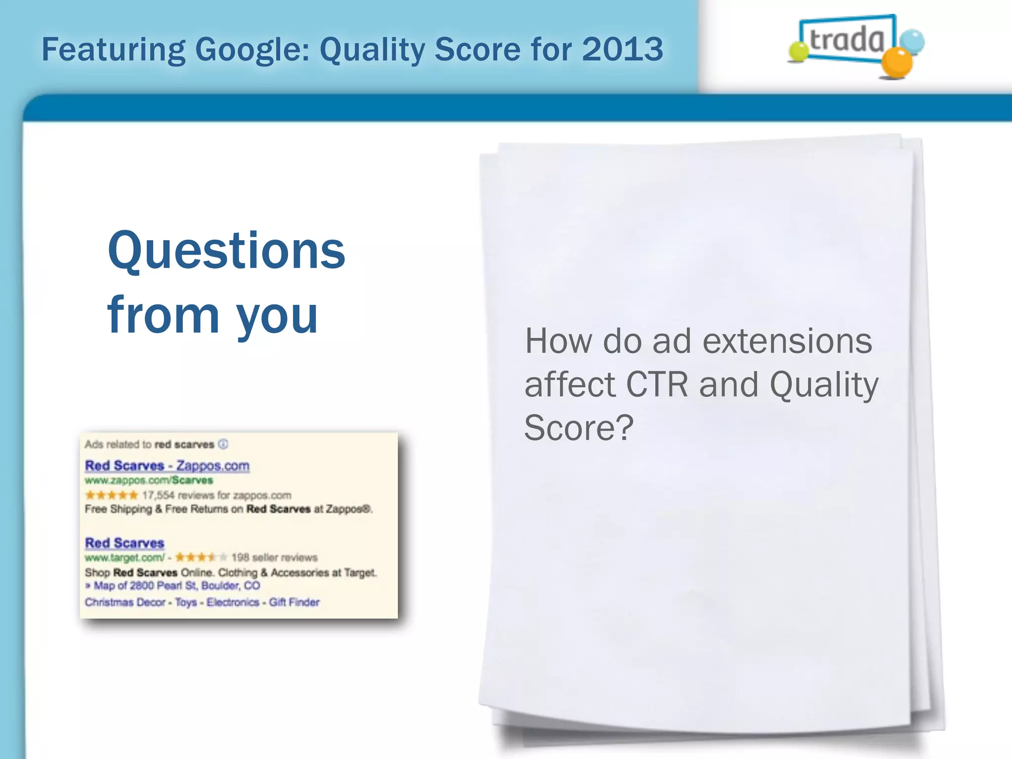Featuring Google: Quality Score for 2013




    Questions
    from you                   How do ad extensions
                               affect CTR and Quality
                               Score?
 