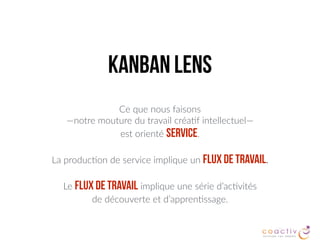Kanban Lens
Ce que nous faisons
—notre mouture du travail créa2f intellectuel—
est orienté service.
La produc2on de service implique un FLUX DE TRAVAIL.
Le FLUX DE TRAVAIL implique une série d’ac2vités  
de découverte et d’appren2ssage.
 