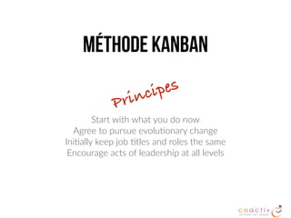 MÉthode Kanban
Start with what you do now 
Agree to pursue evolu2onary change 
Ini2ally keep job 2tles and roles the same
Encourage acts of leadership at all levels
Principes
 