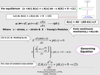 A(x) = A0 - (A0-A1) x/l
For equilibrium (σ +dσ) A(x) + γ A(x) dx - σ A(X) = 0 --(1)
i.e) dσ A(x) + γ A(x) dx = 0 ---(2)
(3) in (2 ) & dividing by dx.
from continuum
mechanics,∈=du/dx
For a bar of constant cross section
)3(→==
dx
du
EEεσ
)4(0)(
)(
→=+
















xA
dx
dx
du
xAd
E γ
0)(
))((
=+ xA
dx
xAd
E γ
σ
)5(0)()( 2
2
→=+ xA
dx
ud
xEA γ
Governing
Equation
Where σ - stress, ∈ - strain & E - Young’s Modulus
Dr.G.PAULRAJ,
Professor&Head(Mech.),VTRS,
Avadi, Chennai.
 