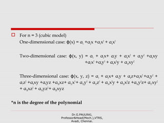  For n = 3 (cubic model)
One-dimensional case: ϕ(x) = α1 +α2x +α3x2
+ α4x3
Two-dimensional case: (x, y) = αϕ 1 + α2x+ α3y + α4x2
+ α5y2
+α6xy
+α7x3
+α8y3
+ α9x2
y + α10xy2
Three-dimensional case: ϕ(x, y, z) = α1 + α2x+ α3y + α4z+α5x2
+α6y2
+
α7z2
+α8xy +α9yz +α10xz+ α11x3
+ α12y3
+ α13z3
+ α14x2
y + α15x2
z +α16y2
z+ α17xy2
+ α18xz2
+ α19yz2
+ α20xyz
*n is the degree of the polynomial
Dr.G.PAULRAJ,
Professor&Head(Mech.),VTRS,
Avadi, Chennai.
 