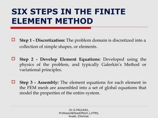 SIX STEPS IN THE FINITE
ELEMENT METHOD
 Step 1 - Discretization: The problem domain is discretized into a
collection of simple shapes, or elements.
 Step 2 - Develop Element Equations: Developed using the
physics of the problem, and typically Galerkin’s Method or
variational principles.
 Step 3 - Assembly: The element equations for each element in
the FEM mesh are assembled into a set of global equations that
model the properties of the entire system.
Dr.G.PAULRAJ,
Professor&Head(Mech.),VTRS,
Avadi, Chennai.
 