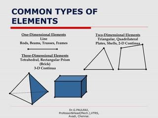 COMMON TYPES OF
ELEMENTS
Dr.G.PAULRAJ,
Professor&Head(Mech.),VTRS,
Avadi, Chennai.
One-Dimensional Elements
Line
Rods, Beams, Trusses, Frames
Two-Dimensional Elements
Triangular, Quadrilateral
Plates, Shells, 2-D Continua
Three-Dimensional Elements
Tetrahedral, Rectangular Prism
(Brick)
3-D Continua
 