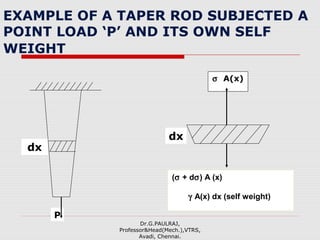 EXAMPLE OF A TAPER ROD SUBJECTED A
POINT LOAD ‘P’ AND ITS OWN SELF
WEIGHT
P
dx
σ A(x)
(σ + dσ) A (x)
γ A(x) dx (self weight)
dx
Dr.G.PAULRAJ,
Professor&Head(Mech.),VTRS,
Avadi, Chennai.
 