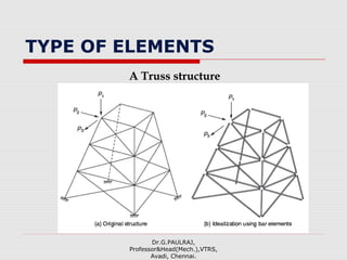 TYPE OF ELEMENTS
A Truss structure
Dr.G.PAULRAJ,
Professor&Head(Mech.),VTRS,
Avadi, Chennai.
 