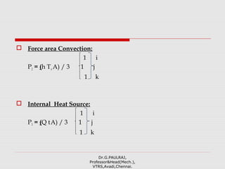  Force area Convection:
1 i
P2 = (h T∞A) / 3 1 j
1 k
 Internal Heat Source:
1 i
P3 = (Q tA) / 3 1 j
1 k
Dr.G.PAULRAJ,
Professor&Head(Mech.),
VTRS,Avadi,Chennai.
 