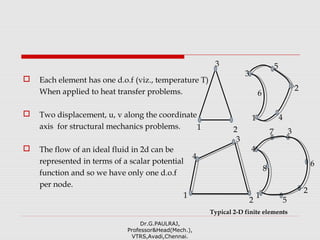 Each element has one d.o.f (viz., temperature T)
When applied to heat transfer problems.
 Two displacement, u, v along the coordinate
axis for structural mechanics problems.
 The flow of an ideal fluid in 2d can be
represented in terms of a scalar potential
function and so we have only one d.o.f
per node.
Dr.G.PAULRAJ,
Professor&Head(Mech.),
VTRS,Avadi,Chennai.
2 5
1 4
2
5
3
6
1
1
2
4
3
8
2
7 3
1
4
3
Typical 2-D finite elements
6
 