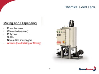Chemical Feed Tank
49
• Phosphonates
• Chelant (de-scaler)
• Polymers
• Sulfite
• Non-sulfite scavengers
• Amines (neutralizing or filming)
Mixing and Dispensing
 
