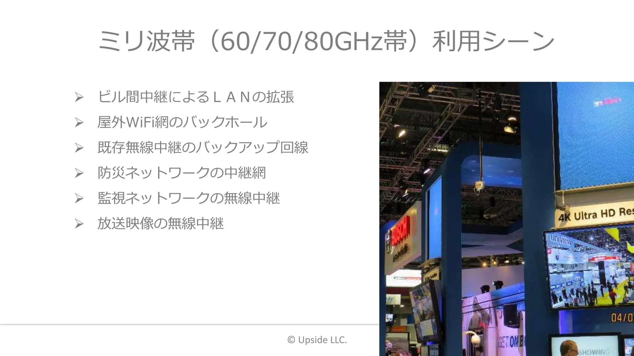 ミリ波帯（60/70/80GHz帯）利用シーン
 ビル間中継によるＬＡＮの拡張
 屋外WiFi網のバックホール
 既存無線中継のバックアップ回線
 防災ネットワークの中継網
 監視ネットワークの無線中継
 放送映像の無線中継
© Upside LLC. 27
 