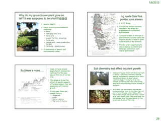 1/6/2013



Why did my groundcover plant grow so                                                                                                                          Jug Handle State Park
tall? It was supposed to be short!!!!@@@                                                                                                                      provides some answers
                                                                                                                                                    S. of Ft. Bragg
                   Genetic dwarfs
                                                                                                                                                    Each of five ancient terraces
                   Plants stunted by environmental
                                                                                                                                                     represents one stage in a
                    conditions
                                                                                                                                                     progression of successional
                        Wind
                                                                                                                                                     environments.
                        Salt spray/salty soils
                        Sandy soils                                                                                                                Terraces formed at intervals of
                        Low soil fertility - serpentine                                                                                             approximately 100,000 years and
                        Acidic soils                                                                                                                involved about 100 feet of uplift
                        ‘shallow soils’ – close to bedrock or                                                                                       to form each of the terraces.
                         hardpan
                                                                                                                                                    Provides a rare opportunity to
                        Herbivory – ‘animal pruning’
                                                                                                                                                     view ecological succession and
                   A combination of genetic and                                                                                                     landscape evolution in a CA
                    environmental causes                                                                                                             coastal environment.
                                                                                                                              http://www.fire.ca.gov/resource_mgt/downloads/reports/FinalReportD
                                                 © Project SOUND                                                              escriptionAndInterpretation.pdf                                      © Project SOUND




                             Some terraces include                             Soil chemistry and effect on plant growth
 But there’s more…..          pygmy forest communities –
                              right next to the same                                                                                Analyses of pygmy forest soils show low levels
                              species that are of normal                                                                             of macro— and micro—nutrients, and high
                              size                                                                                                   levels of exchangeable aluminum, which limits
                                                                                                                                     the ability of plants to grow. Low pH
                             This allows us to see the                                                                              conditions support formation of an iron
                              effect of specific aspects                                                                             hardpan, preventing the trees from setting
                              of the environment that are                                                                            deep roots and preventing internal drainage of
                                                                                                                                     soil water.
                              associated with stunted                 http://en.wikipedia.org/wiki/Pygmy_forest


                              growth
                                                                                                                                    As a result, the pine trees in the area are
                             In this case, there are                                                                                rarely more than three or four feet high, in a
                              several factors:                                                                                       sort of natural bonsai effect. Many of the
                                   Shallow soils                                                                                    tree trunks, though only an inch thick, contain
                                   Low pH
                                                                                                                                     80 or more growth rings. Only yards away, but
                                                                                                                                     with younger soils, the same species of tree
                                   Nutrient depletion
                                                                                                                                     grows many dozens of feet high.
                                   High levels of Aluminum

                                                                   http://www.everystockphoto.com/photo.php?imageId=3410677


                                                 © Project SOUND                                                                                                                                   © Project SOUND




                                                                                                                                                                                                                          29
 