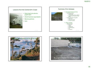 1/6/2013




                Lessons from the Central & N. Coast                                                                               Summary: Envi stresses
                                                                                                                                            Decreased mineral nutrition
                                                                                                                                               Nutrient-poor soils
                                                                                     Plants tend to be shorter;                                   Leached/sandy
                                                                                      growth habit                                                 Just poor nutrient value – sepentine
                                                                                                                                                   Competition (with weeds and other
                                                                                     Overall moisture requirements                                 plants)
                                                                                                                                               Factors effecting root growth
                                                                                     Moisture patterns                                            Shallow soils
                                                                                                                                                   Soils at pH extremes
                                                                                                                                                   Soil water extremes
                                                                                     Soils
                                                                                                                                            Other stresses
                                                                                                                                               Repeated injury:
                                                                                                                                                     Herbivory
                                                                                                                                                     Disease
                                                                                                                                                     Pruning/bonsai
                                                                                                                                                     Wind/blowing sand
                                                                                                                                                     Salt
http://www.mrfs.net/trips/2005/Northern_California/Redwood_Coast/Redwood_Coast.ht
ml                                                                                                                                                   Air pollution
                                                                                                          © Project SOUND                                                  © Project SOUND




       We hope you’ve enjoyed our trip up the coast




                                                                                                                            Be a part of ‘Mother Nature’s Backyard
http://www.bon-voyage.co.uk/destinations/california_holidays/itineraries                                  © Project SOUND                                                  © Project SOUND




                                                                                                                                                                                                  30
 