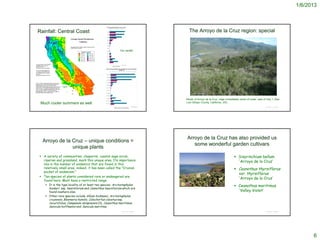 1/6/2013



Rainfall: Central Coast                                                                    The Arroyo de la Cruz region: special


                                                          Our rainfall




                                                                                              © 2011 Chris Winchell



                                                                                      Mouth of Arroyo de la Cruz, ridge immediately south of creek, east of Hwy 1 (San
 Much cooler summers as well                                                          Luis Obispo County, California, US)
                                                           © Project SOUND                                                                                          © Project SOUND




                                                                                        Arroyo de la Cruz has also provided us
  Arroyo de la Cruz – unique conditions =
                                                                                           some wonderful garden cultivars
               unique plants
 A variety of communities, chaparral, coastal sage scrub,                                                                                          Sisyrinchium bellum
  riparian and grassland, mark this unique area. Its importance                                                                                      'Arroyo de la Cruz‘
  lies in the number of endemics that are found in this
  relatively small area; indeed, it has been called the "Cruzian                                                                                    Ceanothus thyrsiflorus
  pocket of endemism."
                                                                                                                                                     var. thyrsiflorus
 Ten species of plants considered rare or endangered are
                                                                                                                                                     'Arroyo de la Cruz‘
  found here. Most have a restricted range.
     It is the type locality of at least two species, Arctostaphylos                                                                               Ceanothus maritimus
      hookeri ssp. hearstiorum and Ceanothus hearstiorum which are
                                                                                                                                                     'Valley Violet‘
                                                                             http://www.flickriver.com/photos/billbouton/sets/72157603552645540/


      found nowhere else.
     Other rare species include Allium hickmanii, Arctostaphylos
      cruzensis, Bloomeria humilis, Calochortus clavatus ssp.
      recurvfolius, Campanula obispoensis (?), Ceanothus maritimus,
      Sanicula hoffmannii and Sanicula maritima.
                                                           © Project SOUND                                                                                          © Project SOUND




                                                                                                                                                                                            6
 