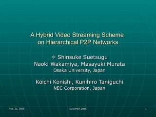 A Hybrid Video Streaming Scheme  on Hierarchical P2P Networks ＊ Shinsuke Suetsugu Naoki Wakamiya, Masayuki Murata Osaka University, Japan Koichi Konishi, Kunihiro Taniguchi NEC Corporation, Japan 