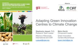 Adapting Green Innovation
Centres to Climate Change
Stephanie Jaquet, PhD,
Research Team Leader
Alliance of Bioversity
International and CIAT
s.jaquet@cgiar.org
Björn Hecht,
Component Leader
Green Innovation
Centers Mozambique
bjoern.hecht@giz.de
 