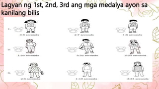 Lagyan ng 1st, 2nd, 3rd ang mga medalya ayon sa
kanilang bilis
 