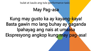 May Pag-asa
Kung may gusto ka ay kayang-kaya!
Basta gawin mo lang buhay ay gaganda
Ipahayag ang nais at umaasa
Ekspresyong angkop kung may pag-asa!
Isulat at isaulo ang tula (performance task)
 